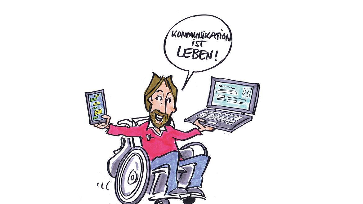 Illustration: Ein Mann im Rollstuhl hält in der einen Hand ein Notebook und in der anderen ein Smartphone.