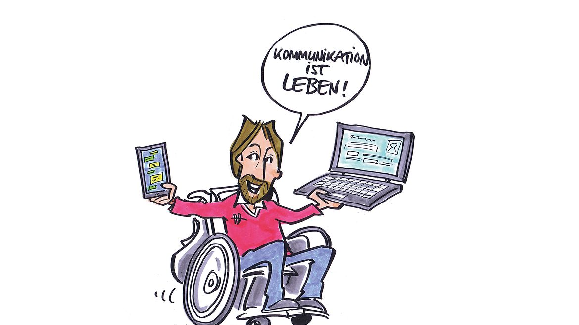 Ziel 5 Kommunikation Illustration: Ein Mann im Rollstuhl hält in der einen Hand ein Notebook und in der anderen ein Smartphone.