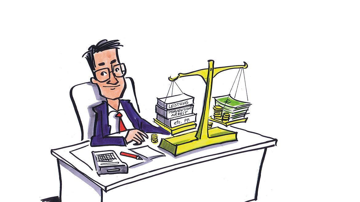 Ziel 6 Wirtschaftlichkeit Illustration: Ein Mann sitzt vor einer Balkenwaage. Auf einer Waagschale liegt Geld, auf einer anderen Bücher.