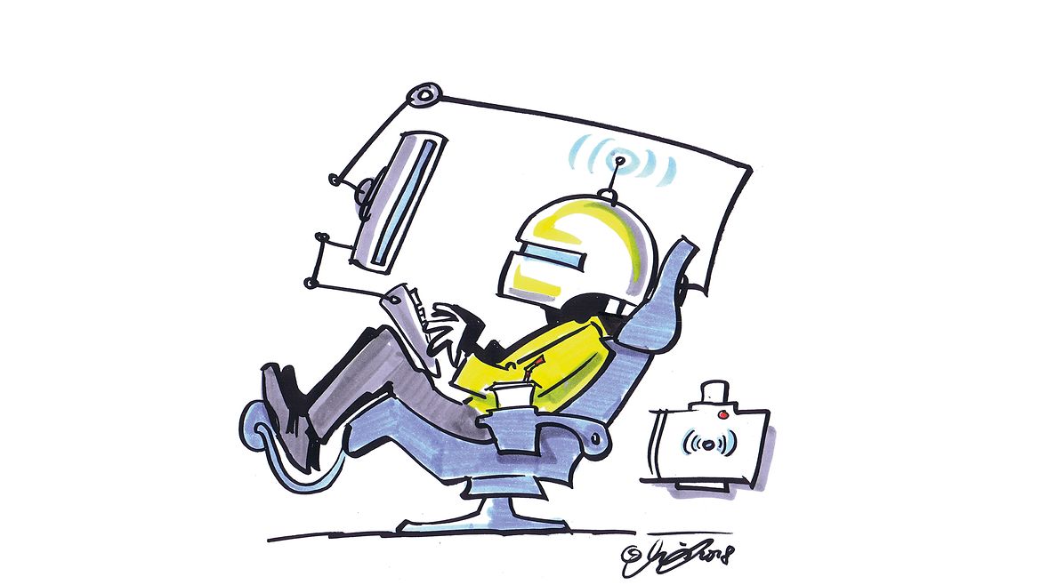 Illustration: Eine Person mit Helm sitzt auf einem Gaming-Chair und beschäftigt sich mit einem Computer.