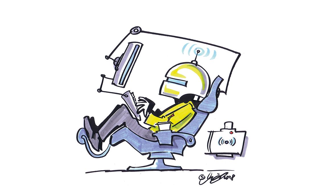 Ziel 7 IT Illustration: Eine Person mit Helm sitzt auf einem Gaming-Chair und beschäftigt sich mit einem Computer.
