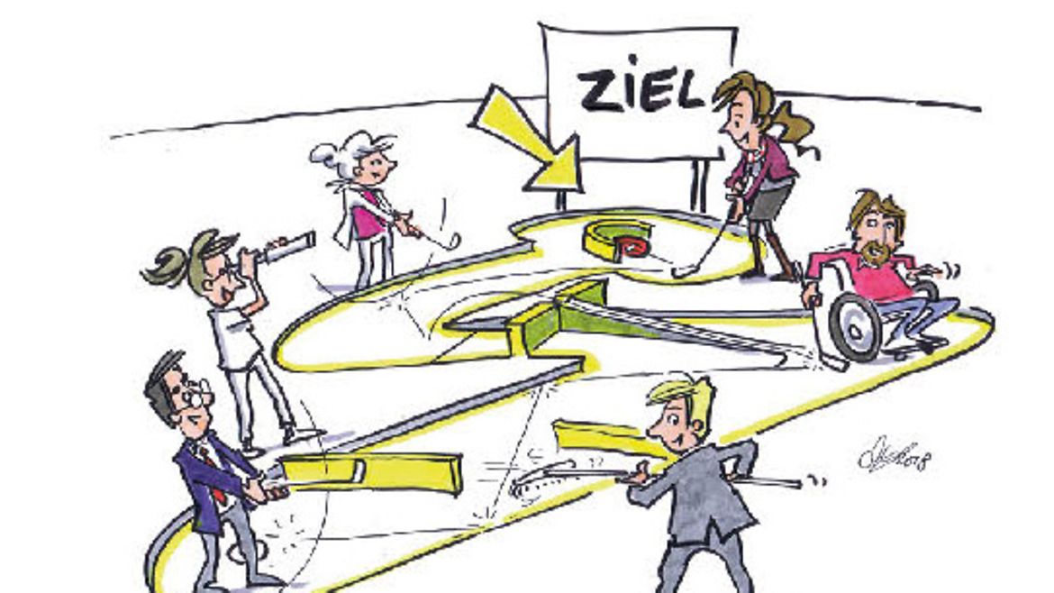 Ziel 8 Beschäftigte Illustration: Mehrere Personen beschäftigen sich mit einem Hindernis-Parcour.