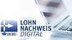 Hände tippen auf einer Laptoptastatur, daneben das Logo "Lohnnachweis digital"
