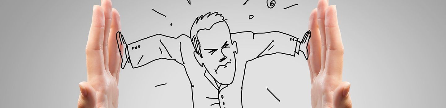 Schutz vor psychischer Belastung Illustration eines Mannes, der sich zwischen zwei Händen hängt. Er spreizt die Arme und drückt von innen gegen die Hände.