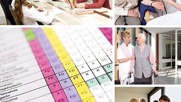 Arbeitsorganisation Pflege Bildcollage: Teambesprechung, Pflegerin mit älterer Dame, Urlaubsplan, Pflegekräfte auf einem Flur.