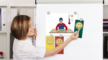 Arbeitssituationsanalyse für WfMB: Smiley-Karten und Schaubilder Frau zeigt an Schautafel die Smiley-Karten, die für das Instrument der Arbeitssituationsanalyse in Werkstätten genutzt werden