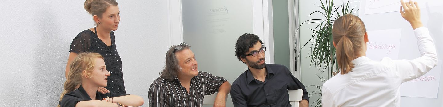 Organisationsberatung Workshop mit mehreren Personen, eine Frau erklärt etwas an einer Metaplanwand