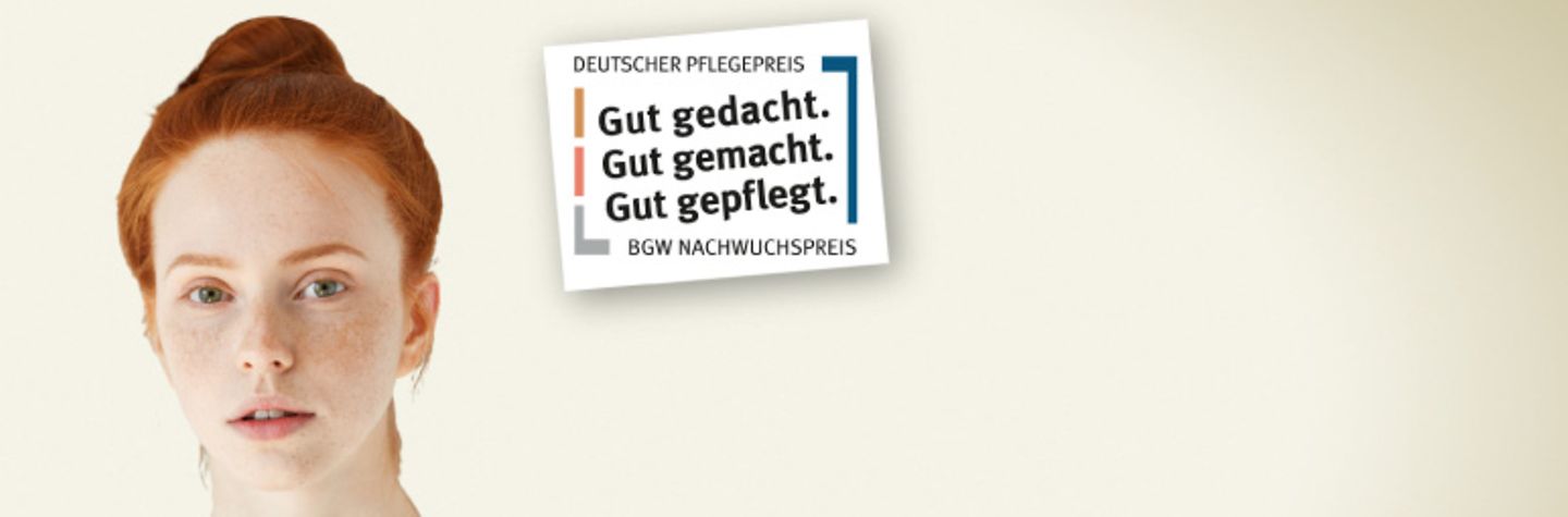 BGW Nachwuchspreis Porträt einer jungen Frau. Hinter ihr das Log des BGW-Nachwuchspreises "Gut gedacht, gut gemacht, gut gepflegt".