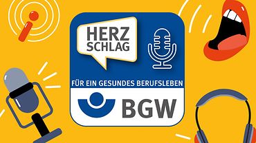 BGW Podcast "Herzschlag" Titelmotiv Grafische Symbole Kopfhörer, Mund, Mikrofon schweben auf gelbem Hintergrund, daneben das blaue Logo "Herzschlag - für ein gesundes Berufsleben"