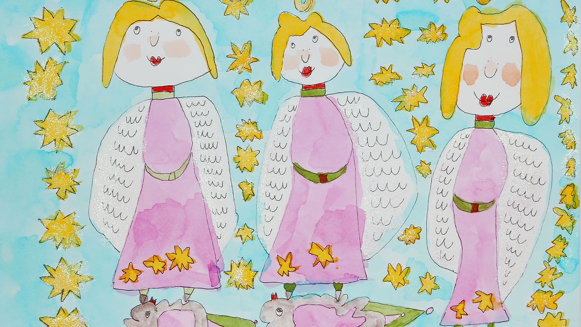 Tuschezeichnung: drei Engel auf Schafen stehend und umgeben von Sternen.