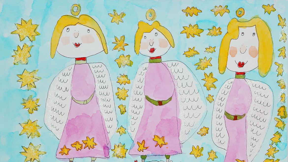 Die Tuschezeichnung zeigt drei Engel auf Schafen stehend und umgeben von Sternen.