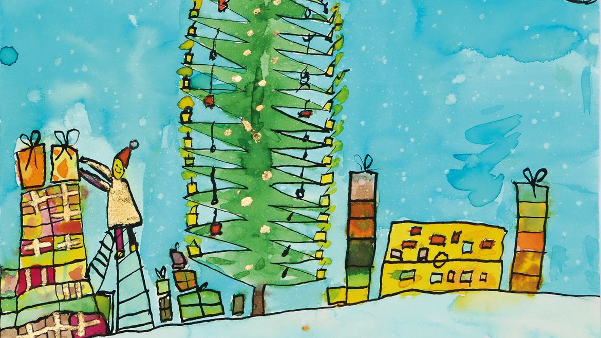 Aquarell: Weihnachtsbaum, darunter Geschenkestapel. Neben einem Stapel steht ein Weihnachtsmann auf einer Leiter