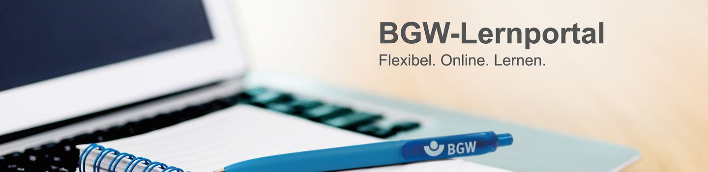 Notebook, Block und Stift mit Schriftzug: BGW Lernportal: Flexibel. Online. Lernen