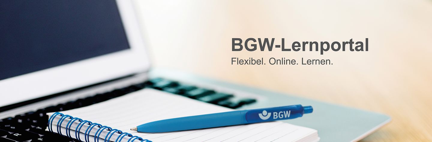 Notebook, Block und Stift mit Schriftzug: BGW Lernportal: Flexibel. Online. Lernen