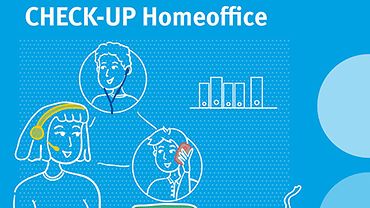DGUV: Check-Up Homeoffice Illustrationen von drei Personen bei Bürotätigkeiten - mit Kopfhörer, Headset Smartphone. Im Hintergrund Aktenordner.