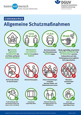 Info-Plakat mit Text und Piktogrammen zu Corona-Schutzmaßnahmen: Isolation, Abstand, Maske, Händehygiene