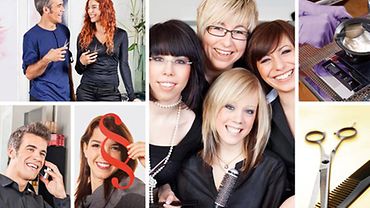 MEISTER-klasse Fotocollage: Unterschiedliche Personen, Kamm und Schere, Hände in Handschuhen, die Haarfärbemittel zubereiten.