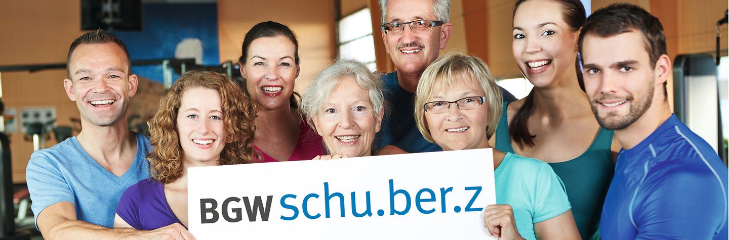 schu.ber.z-Visual: BGW schu.ber.z schuberz-Logo und Gruppe von Menschen