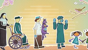 Szene aus Videoclip: Eine kleine Geschichte der BGW © BGW/visionX Illustration von Figuren: eine Nonne schiebt einen Mann im Rollstuhl, eine Tierärztin hält einen Hund, ein Arzt im OP-Kittel, Kinder