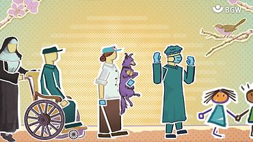 Illustration von Figuren: eine Nonne schiebt einen Mann im Rollstuhl, eine Tierärztin hält einen Hund, ein Arzt im OP-Kittel, Kinder