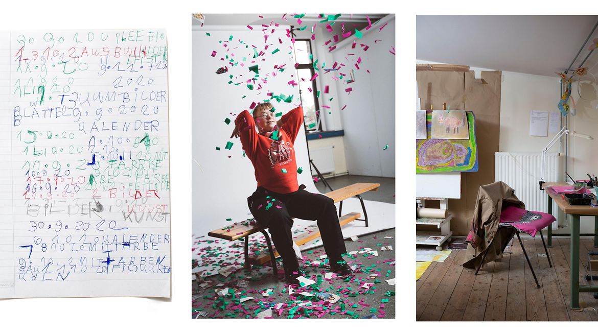 Collage aus drei Bildern: Liniertes Blatt Papier mit Zahlen und Buchstaben, eine Frau sitzt auf einer Bank und wirft bunte Papierschnipsel in die Luft, ein Atelier mit Malutensilien.