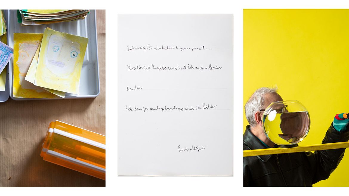 Collage aus drei Fotos: In Schachteln liegen Blätter mit gezeichneten Gesichtern - davor liegt eine Box mit Stiften; ein kurzer Brief und ein Mann hinter einem runden Glas vor einer gelben Wand. Er streckt dir linke Hand vor - darüber trägt er einen bunte Socke.