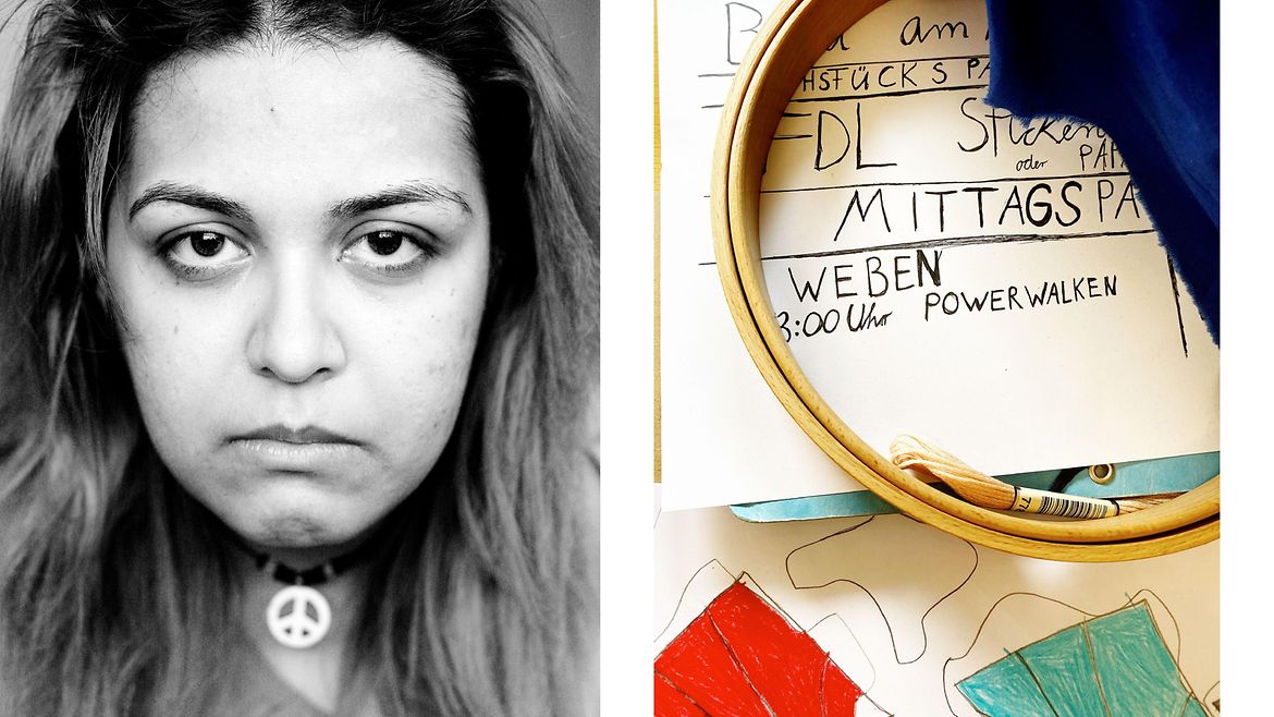 Collage aus zwei Bildern: Links: Porträt einer jungen Frau - sie trägt eine Kette mit Friedenszeichen. Rechts: ein Stundenplan - darauf liegen ein Stickrahmen und Garn.