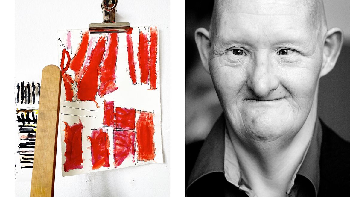 Collage aus zwei Bildern: Links: Ein Gemälde hängt an einer Klemme an der Wand - daneben eine Holzleiste. Rechts: Porträt eines Mannes.