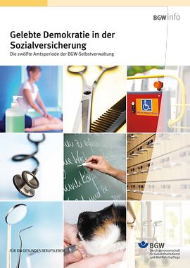 Titel: Gelebte Demokratie – Bildcollage: Masseurin, Kamm & Schere, Rollstuhlpiktogramm, Stethoskop, Tafel, Apothekerschrank, Zahnarztinstrumente, Meerschweinchen, Rollator