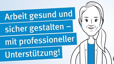 Illustration Arbeitsschutzbetreuung – 3 Personen mit Schriftzug "Arbeit gesund und sicher gestalten - mit professioneller Unterstützung"
