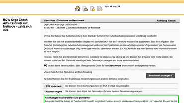 Anleitung BGW Orga-Check: Bildschirmfoto Seite Benchmark