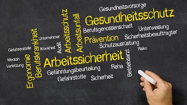 Hand schreibt verschiedenen Begriffe aus dem Themenfeld "Gesundheitsschutz bei der Arbeit" auf eine Tafel.