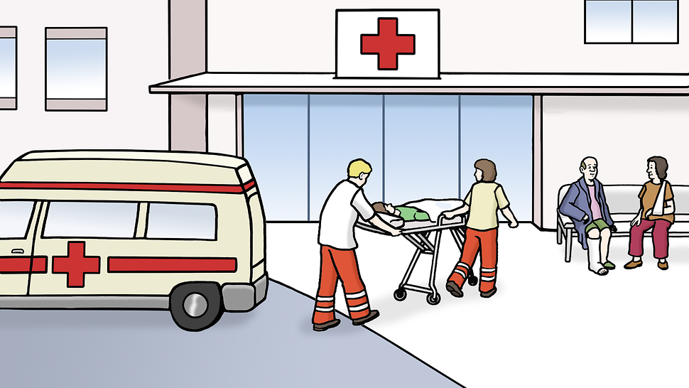 Illustration: Ein Patient wird mit einer Trage von Sanitätern ins Krankenhaus eingeliefert.