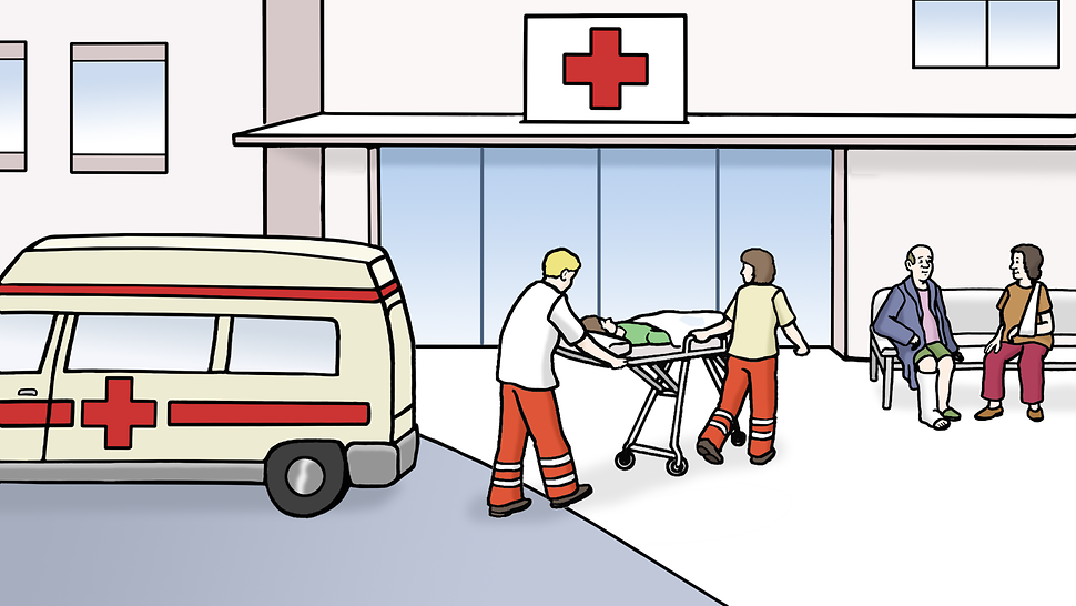 Behandlung im Krankenhaus Illustration: Ein Patient wird mit einer Trage von Sanitätern ins Krankenhaus eingeliefert.