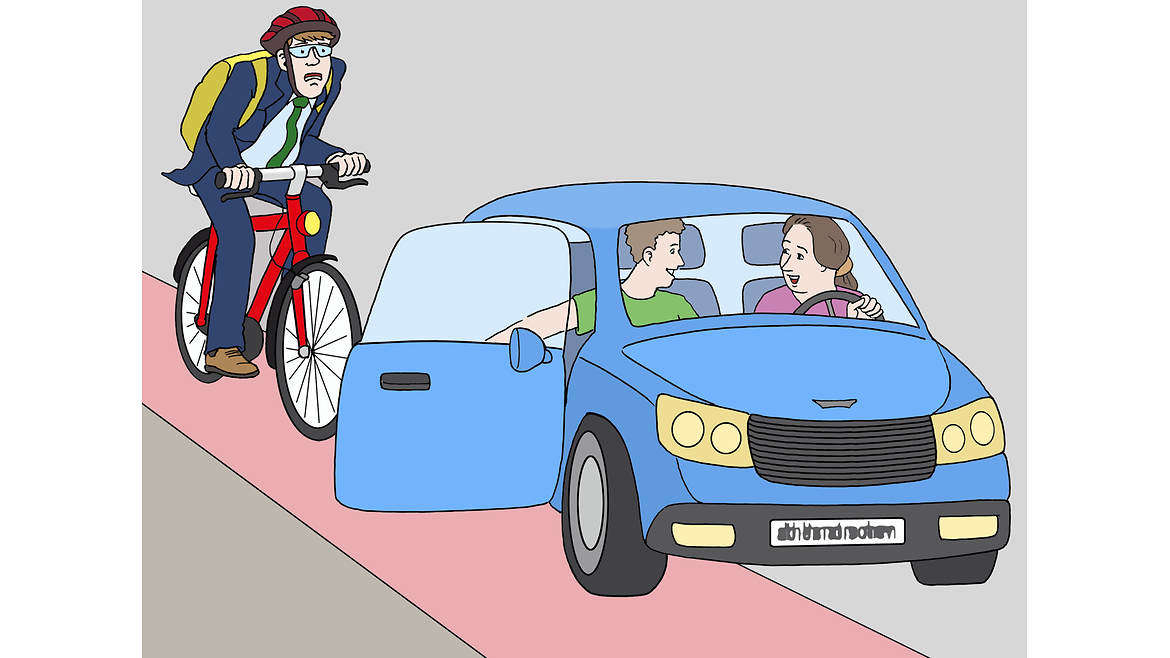 Illustration: Radfahrer auf einem Radweg - vor ihm parkt ein Auto auf dem Radweg, Beifahrer öffnet die Tür