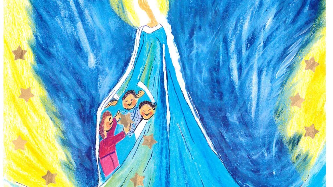 Gemälde: Drei Sternsinger im Kleid eines großen blauen Engels.
