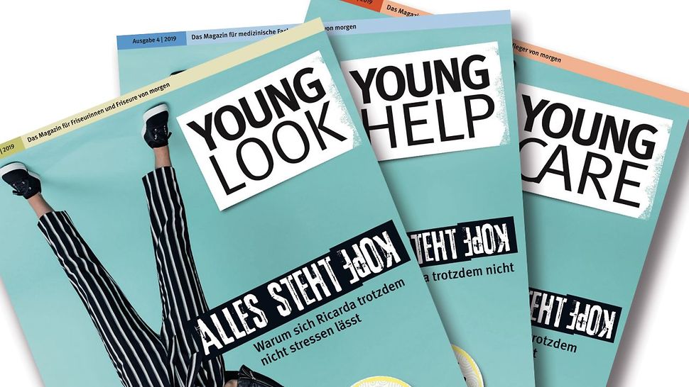 Collage: die Titelseiten der Magazines Young Look, Young Help und Young Care