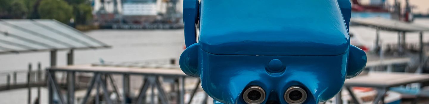 Hamburg Landungsbrücken: Vorn ein großes blaues Fernglas, Blick auf den Hafen mit Kränen und Pontonbrücken. Der Himmel ist bewölkt.