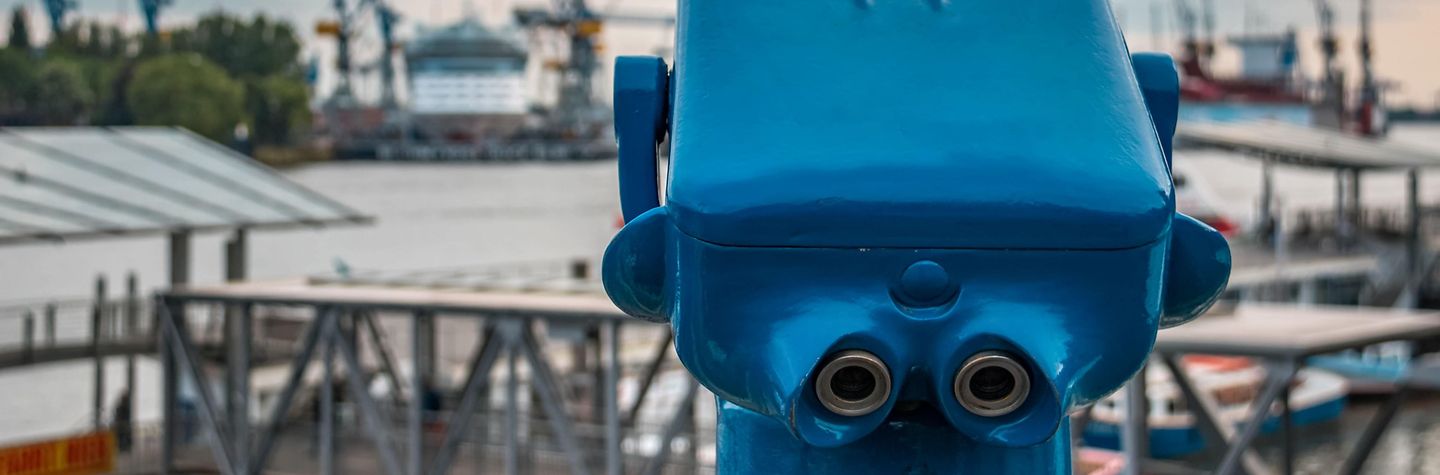 Hamburg Landungsbrücken: Vorn ein großes blaues Fernglas, Blick auf den Hafen mit Kränen und Pontonbrücken. Der Himmel ist bewölkt.