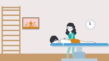 Illustration: Blick in eine Physiotherapiepraxis - Physiotherapeutin behandelt einen Patienten auf einer höhenverstellbaren Liege.