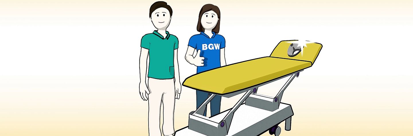 Illustration: Ein Therapeut und eine BGW-Mitarbeiterin stehen vor einer Therapieliege