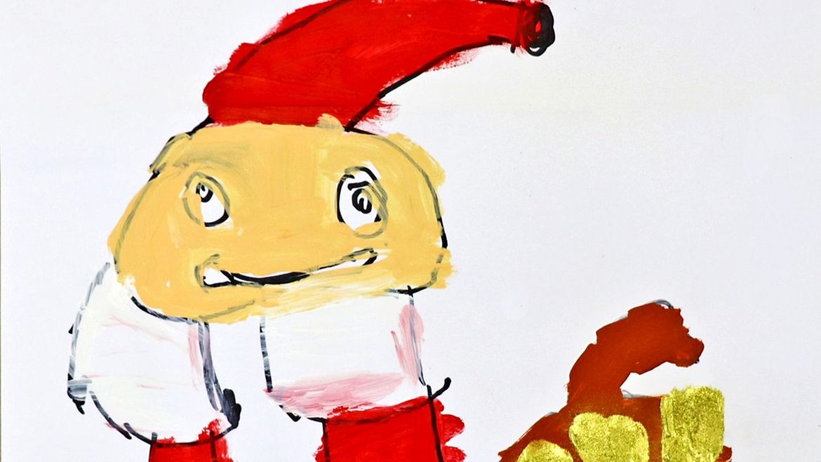 Ein gezeichneter Weihnachtsmann steht neben einem roten Sack mit goldenen Geschenken.