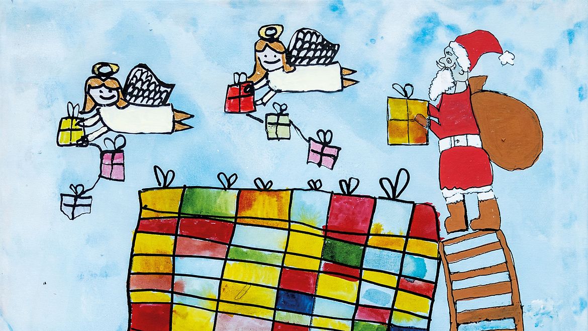 Das Bild "Himmlische Verpackungsstation" zeigt einen großen Turm gestapelter Geschenke. Der Weihnachtsmann steht auf einer Leiter und packt ein Geschenk obendrauf. Zwei Engel helfen ihm.