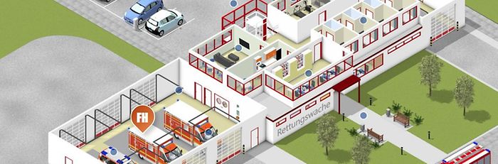 Illustration einer Rettungswache mit verschiedenen Räumen und Fahrzeugen