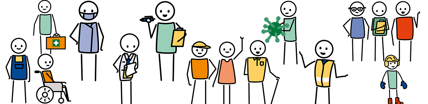 Kooperationspersonen und Beauftragte in einer Werkstatt für Menschen mit Behinderungen Illustration: Verschiedene Personen wie Ärzte und Sicherheitsbeauftragte in einer Collage